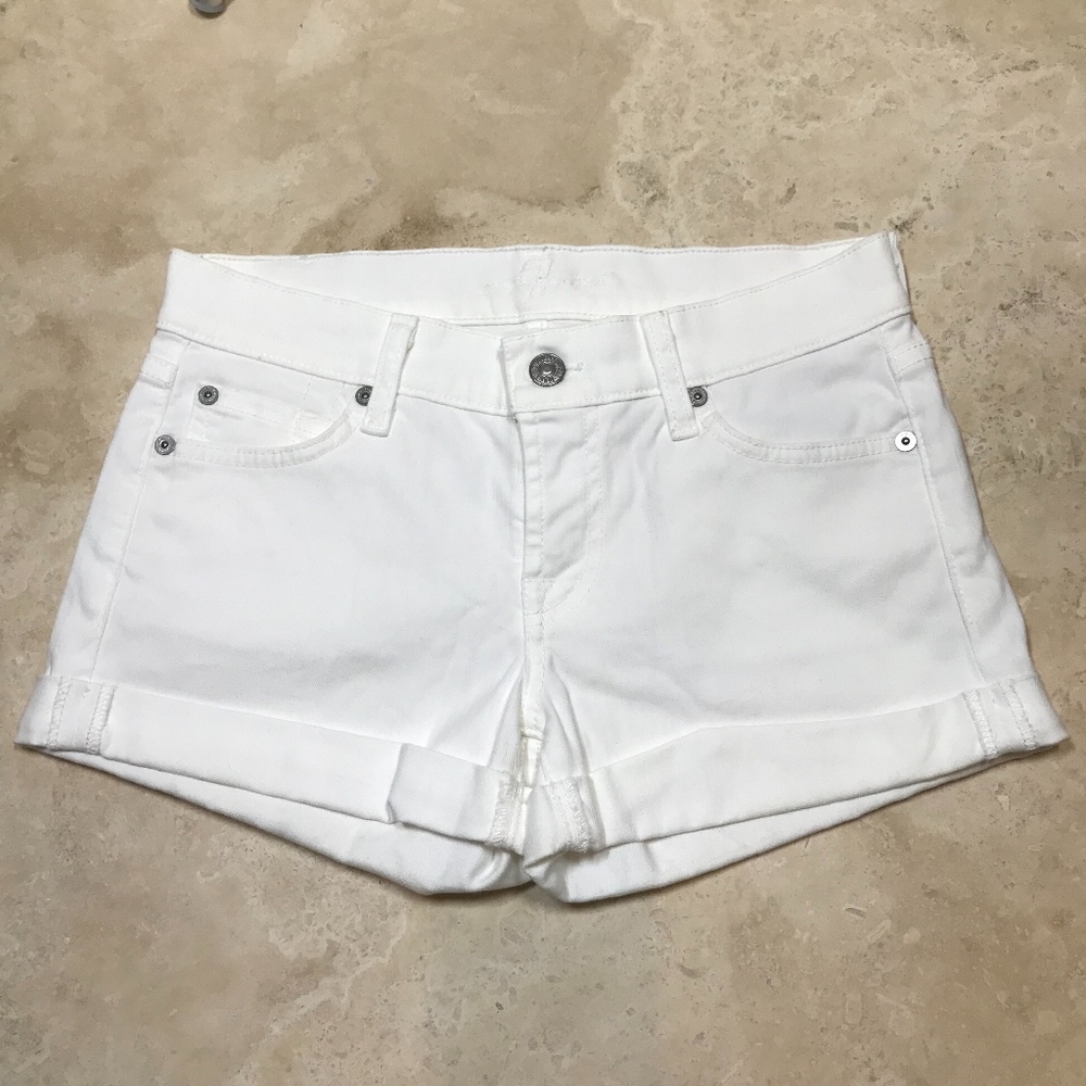 7 for All Mankind white denim shorts rolled cuff
